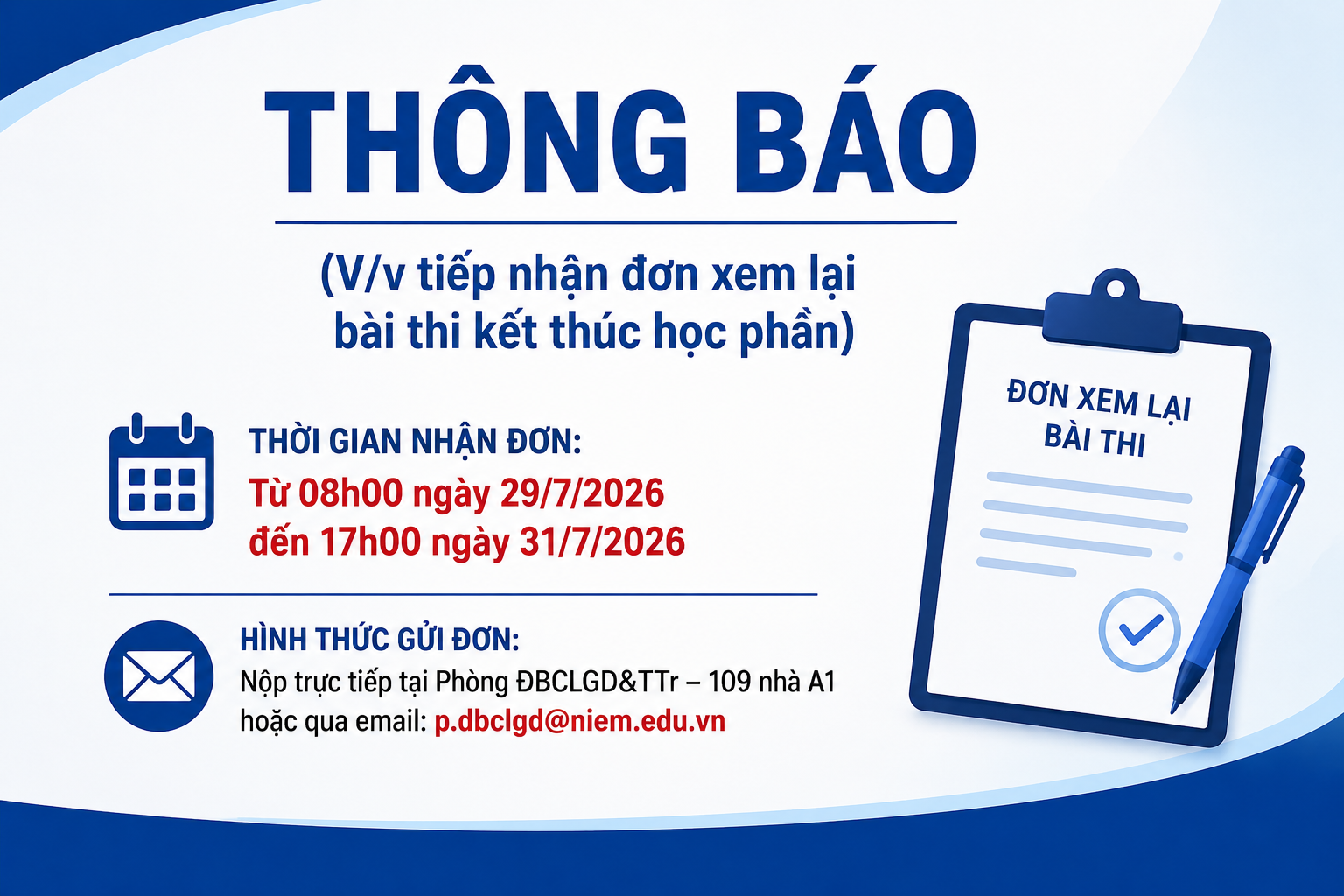 📢 Thông báo tiếp nhận đơn xem lại bài thi kết thúc học phần – Học kỳ III năm học 2025–2026