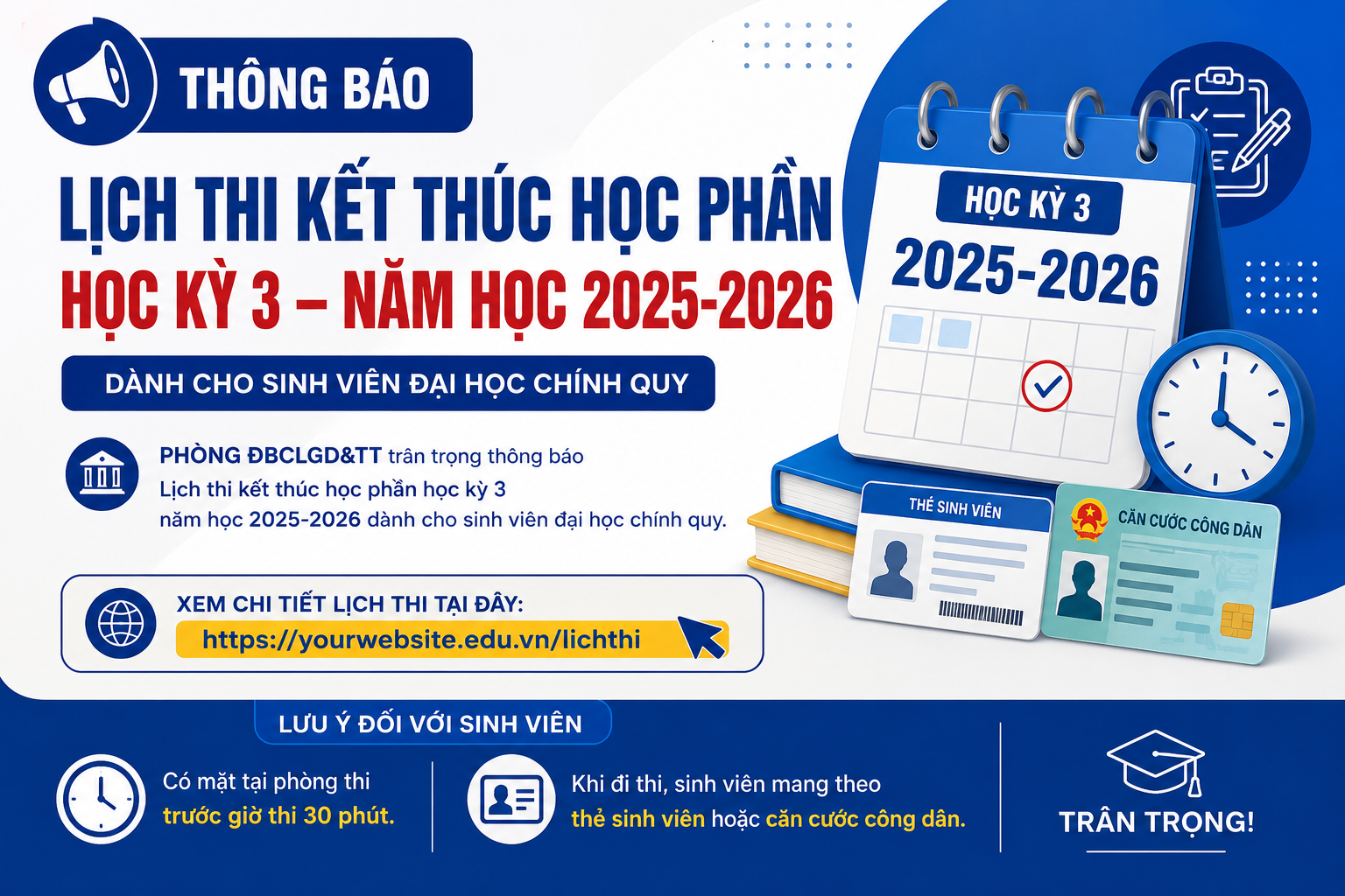 Lịch thi kết thúc học phần Học kỳ 3 năm học 2025-2026 (Lịch chính thức)
