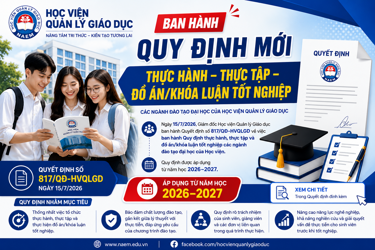 HỌC VIỆN QUẢN LÝ GIÁO DỤC BAN HÀNH QUY ĐỊNH MỚI VỀ THỰC HÀNH, THỰC TẬP VÀ ĐỒ ÁN/KHÓA LUẬN TỐT NGHIỆP